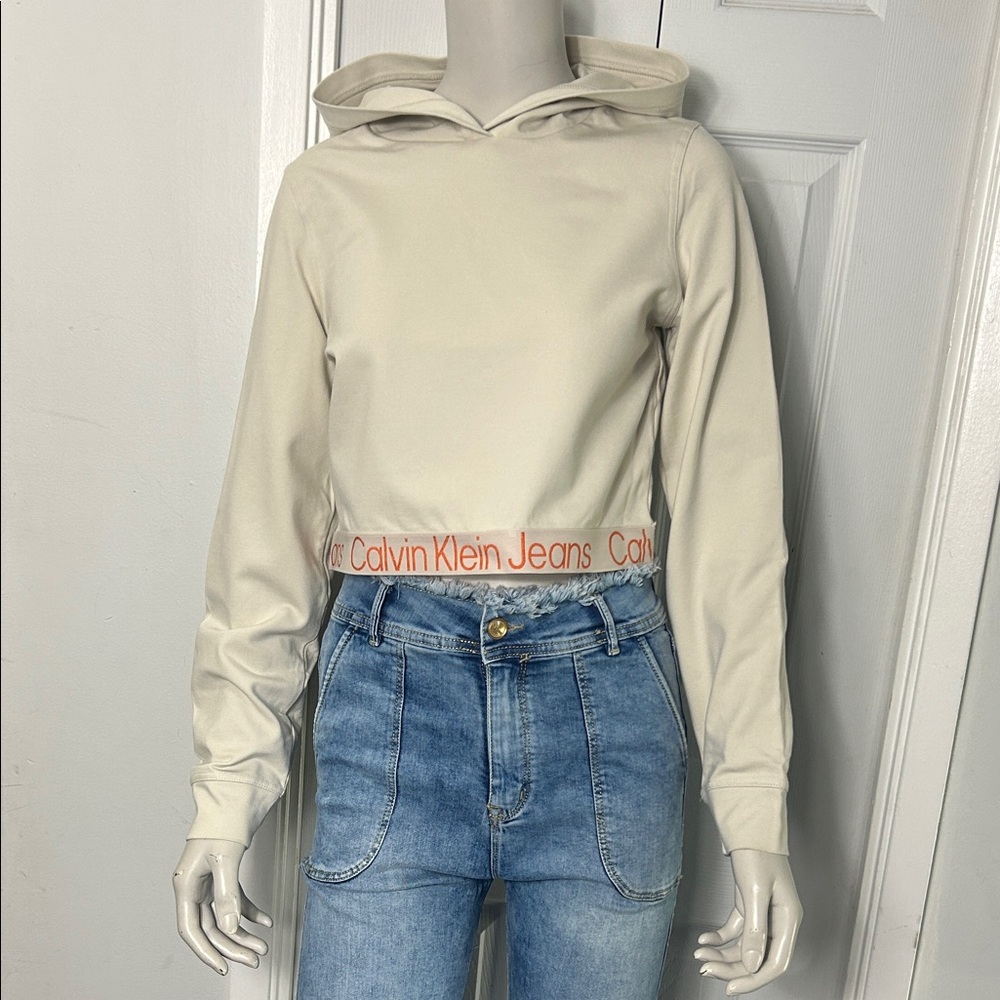 Calvin Klein Women's Cream Hoodie with Logo Band